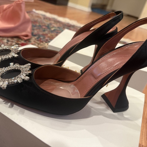 Amina Muaddi Black Satin Crystal-Embellished Slingback Pumps - Picture 2 of 4